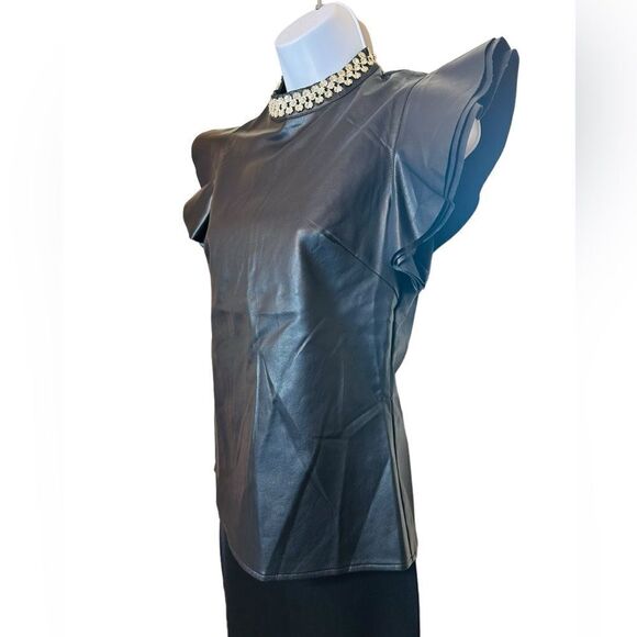 GRACIA Faux Leather Ruffled Sleeve Top In Black Studded Neckline Size Small NWT - Picture 5 of 11